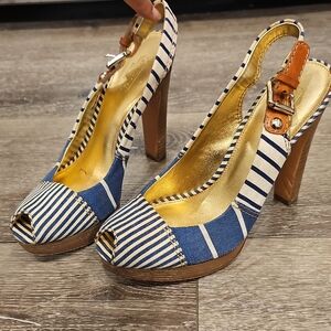 COACH Denim & White Striped Peep-Toe Heels SZ 9